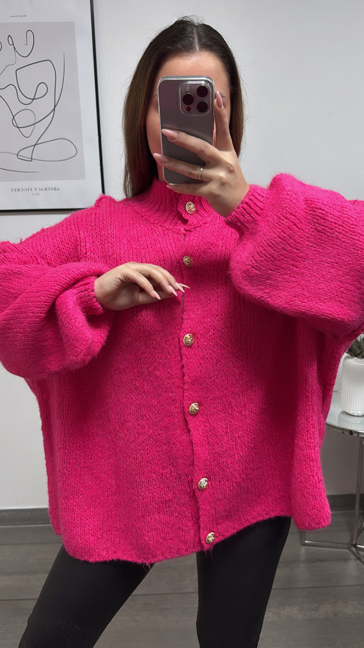 Kuschel Cardigan mit goldenen Knöpfen / Neon pink Art. 13225