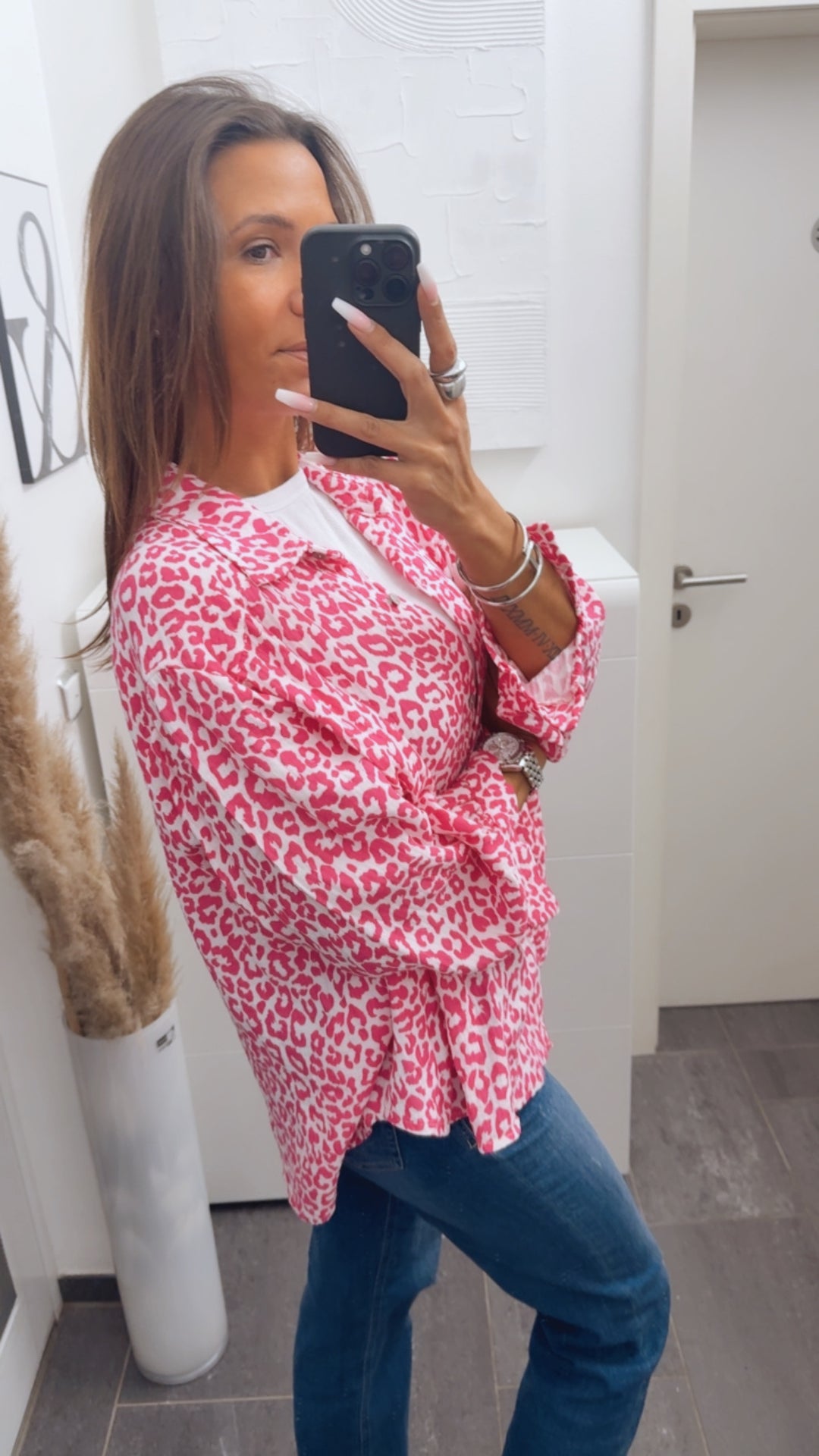 LEO KURZE Oversize Musselin Bluse / weiss - pink Art. 13763