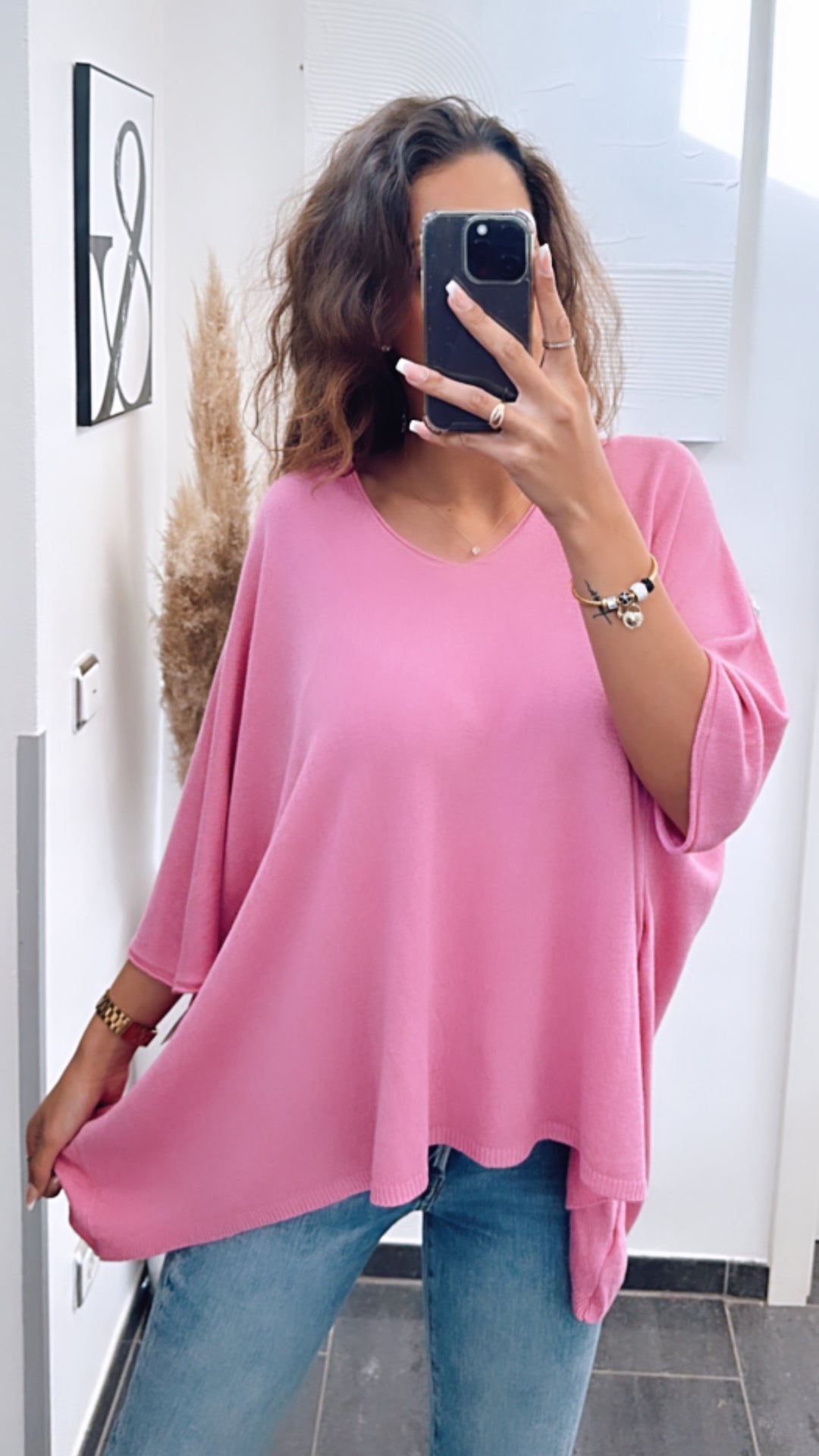 leichter Pullover mit kurzen Fledermausärmeln / pink-Beere  Art. 5916
