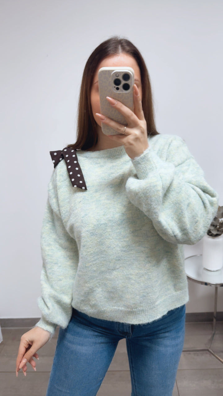 ONE SHOULDER Pullover, Punkte Schleife / mint meliert Art. 13817