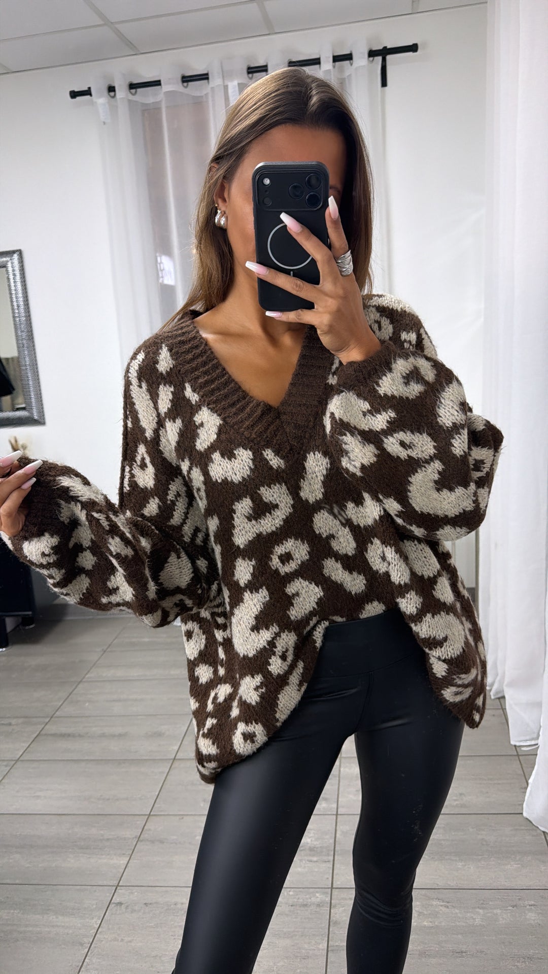 V-AUSSCHNITT LEO Oversize Kuschel - Pullover / Schoko braun - beige Art. 13063