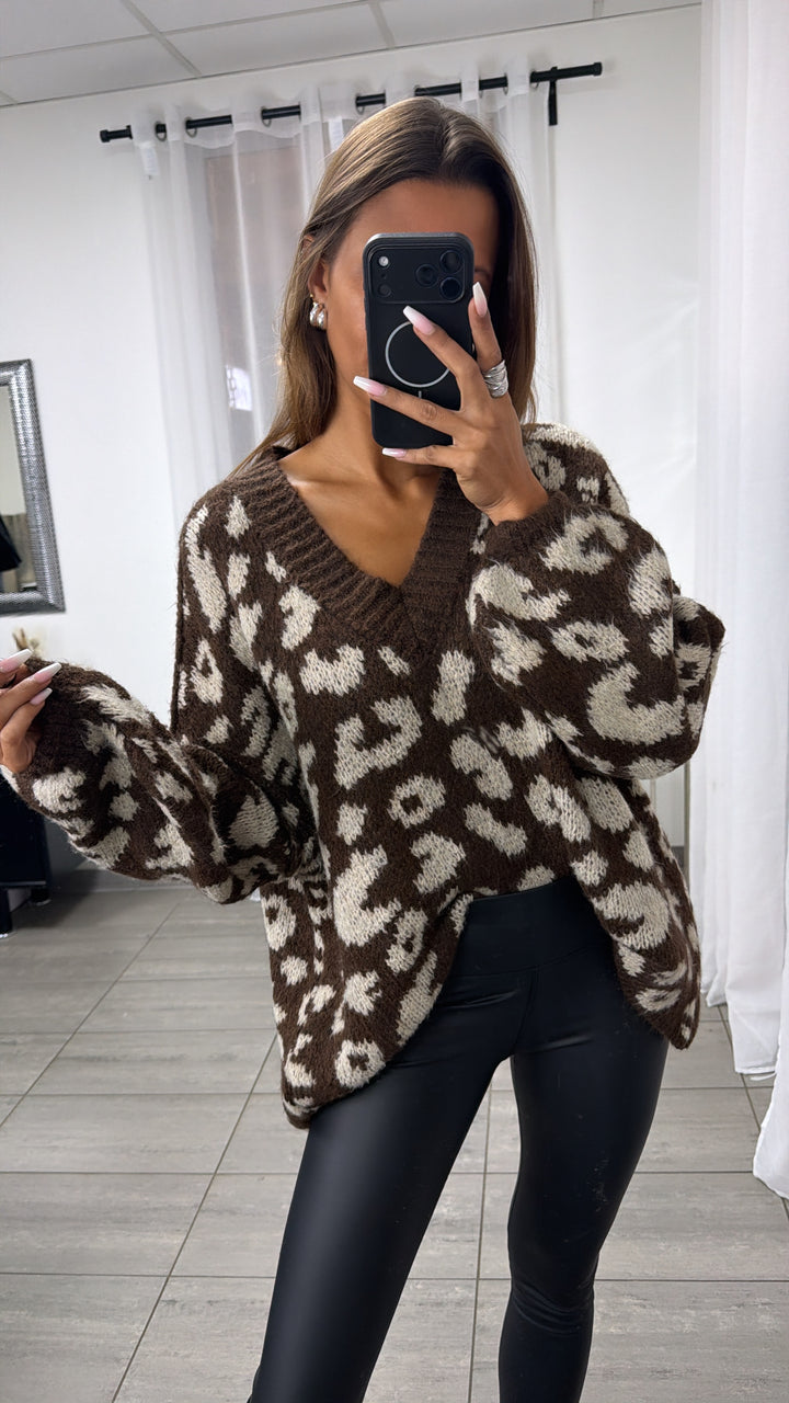 V-AUSSCHNITT LEO Oversize Kuschel - Pullover / Schoko braun - beige Art. 13063