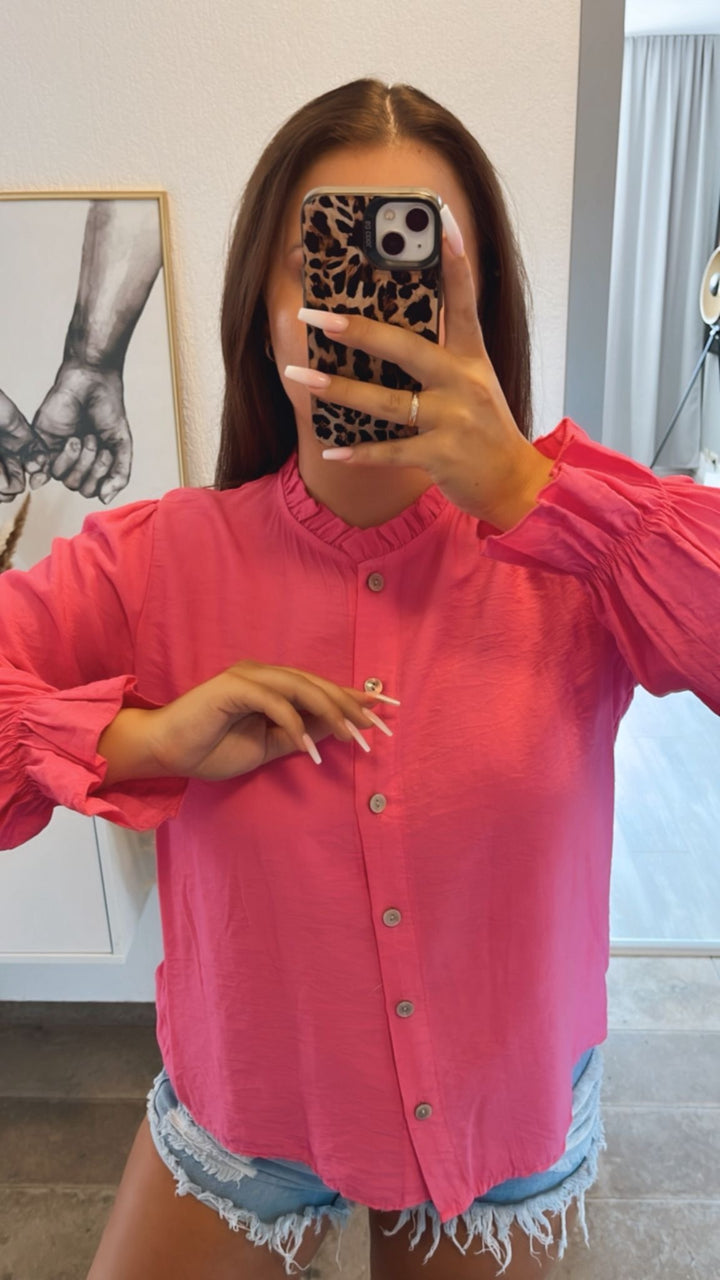 schmale Bluse mit Volant Ausschnitt / pink Art. 10788