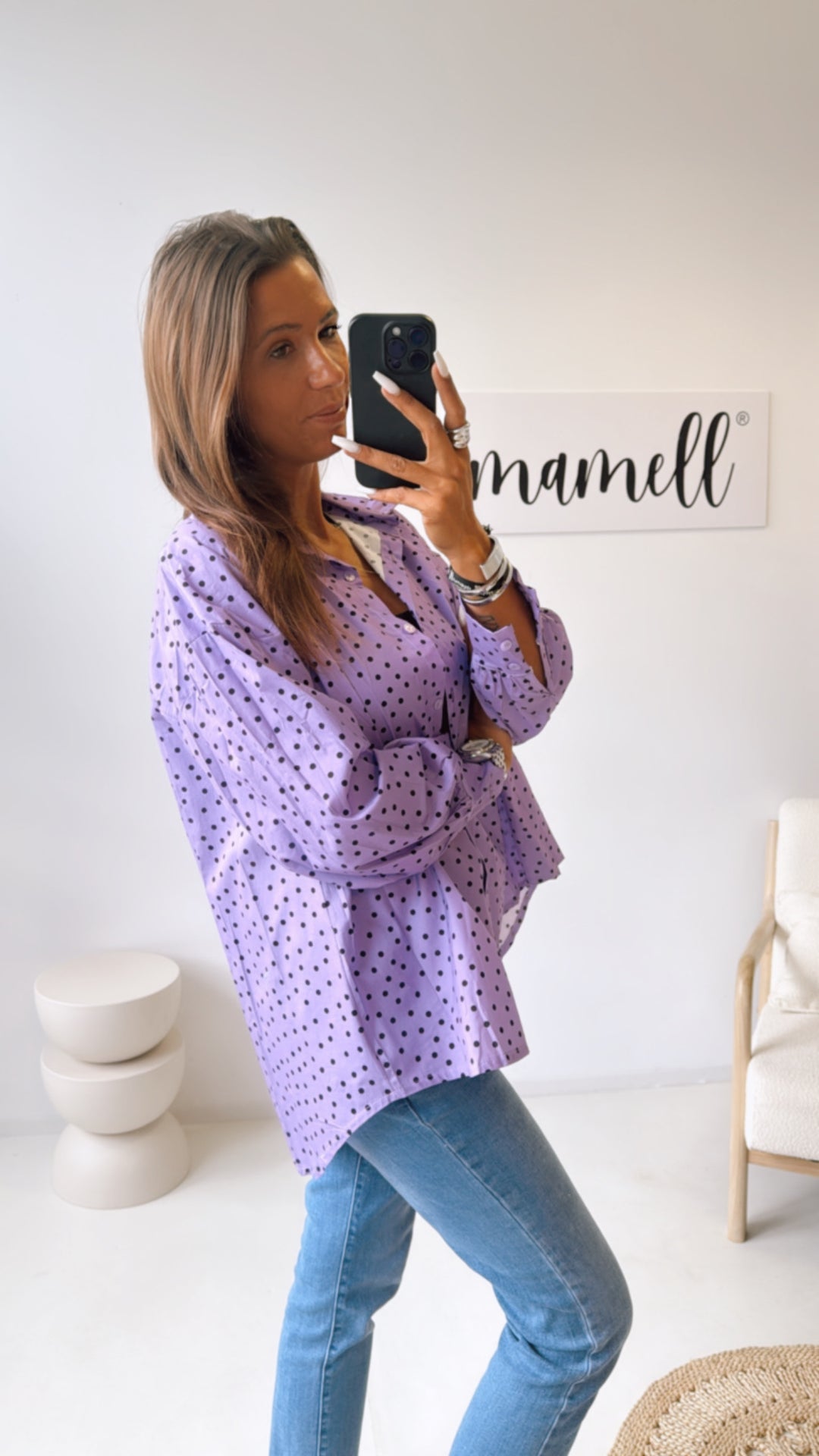 Bluse mit Punkten / lila - schwarz Art. 10534