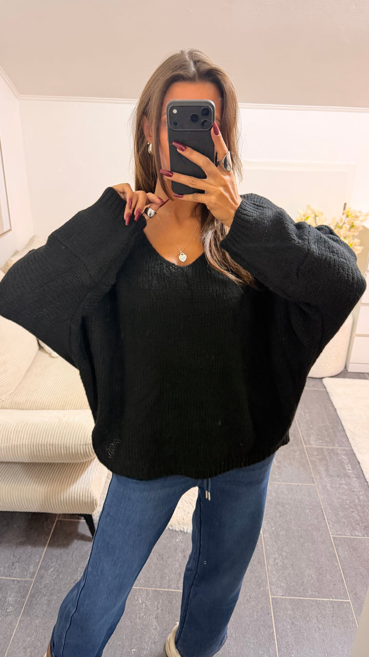 Wollfreier Fledermaus Strick Pullover / schwarz Art.16555