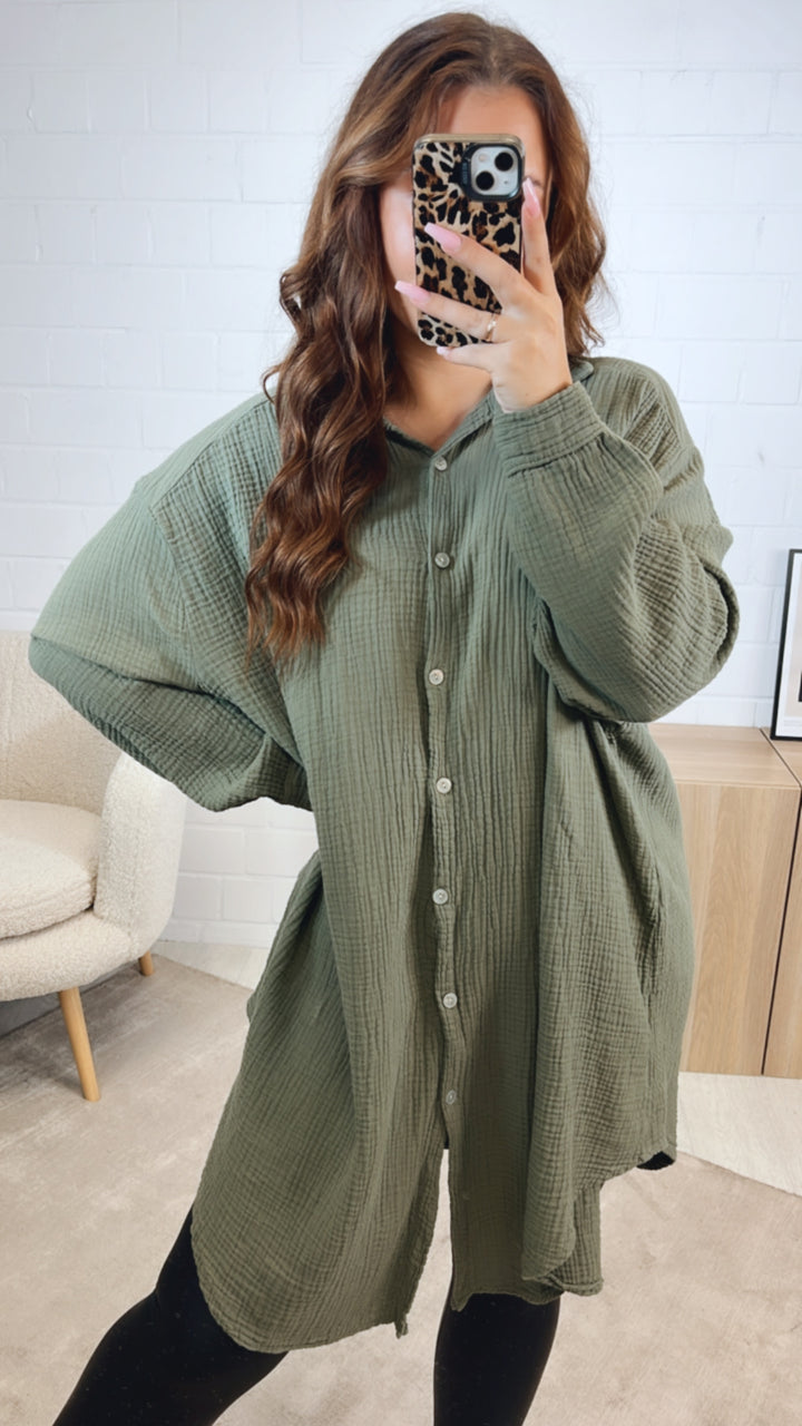 LANGE Oversize Musselin Bluse / khaki Art. 12465