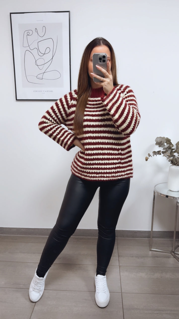 ausgefallener Strick Pullover mit Streifen / bordeaux rot - soft gelb Art. 13300