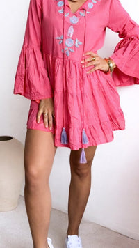 Luftige Long Bluse / Kleid mit Volantärmeln und Stickerei / pink - blau - rosa Art.14590