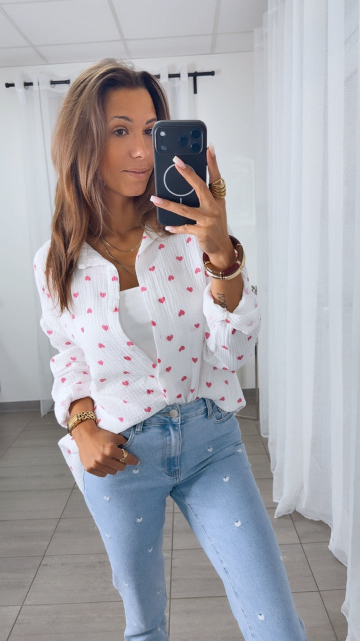 KURZE HERZEN Musselin Bluse / weiß - pink Art.15020
