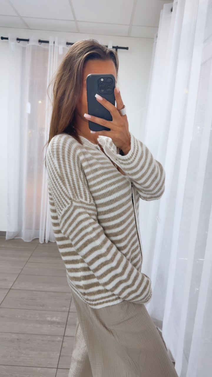 DÜNNE STREIFEN Cardigan mit Perlmutt - Knöpfen / beige - weiss Art. 14367