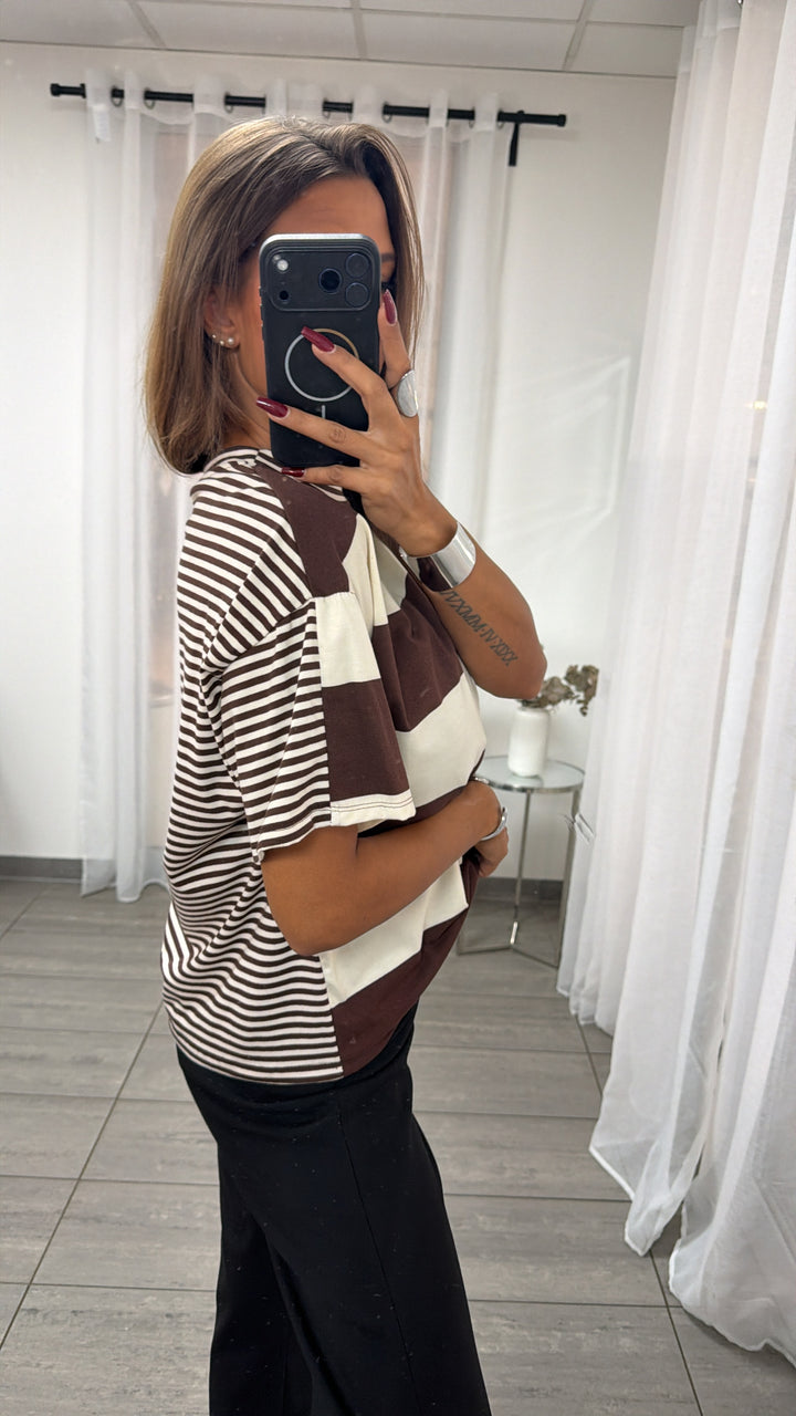 leichtes oversize T-shirt im Streifen Mix / braun - creme Art. 16501