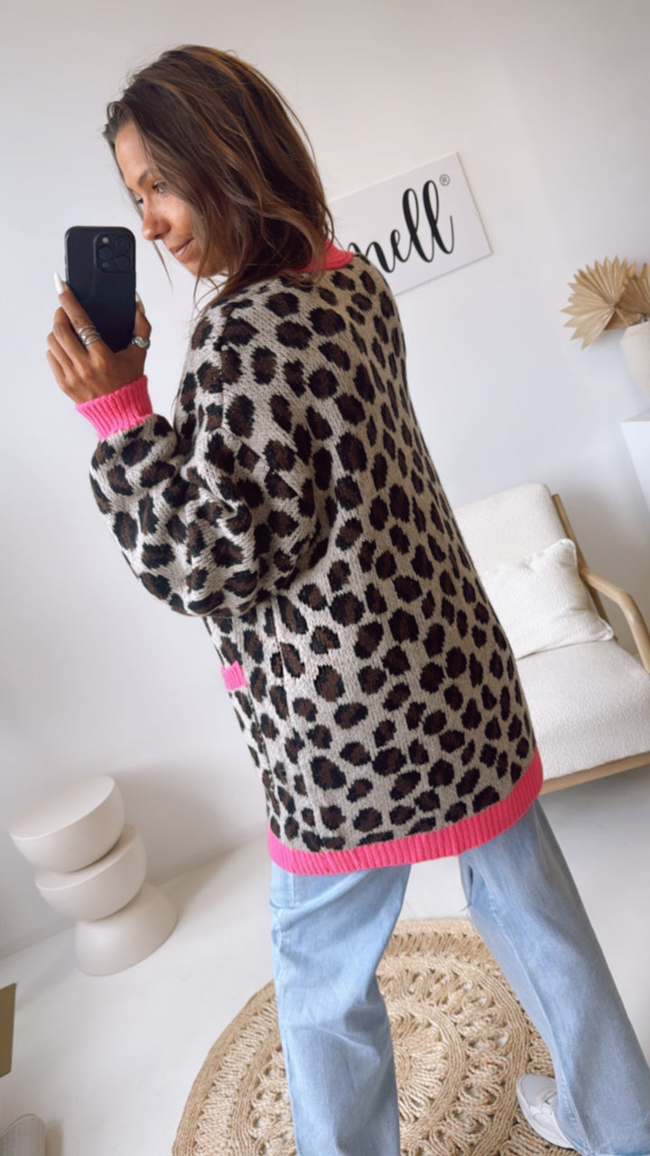 LEO mittellang geschnittener Cardigan / grau - braun - schwarz - neon pink Art. 10823