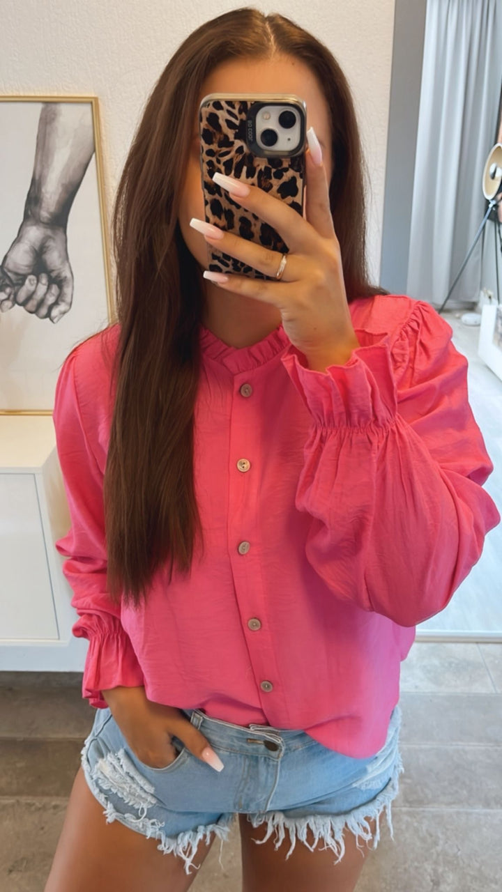 schmale Bluse mit Volant Ausschnitt / pink Art. 10788
