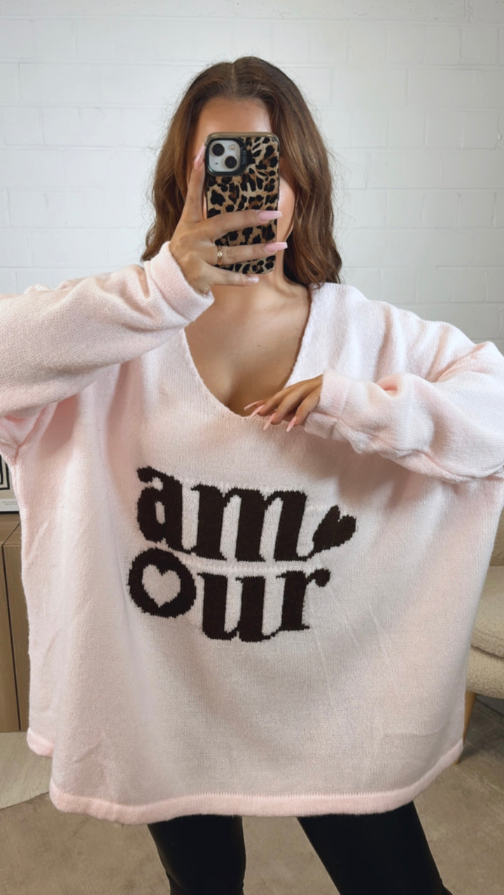 weiter Strick Pullover " Amour " / soft rosa - dunkel braun Art. 12515