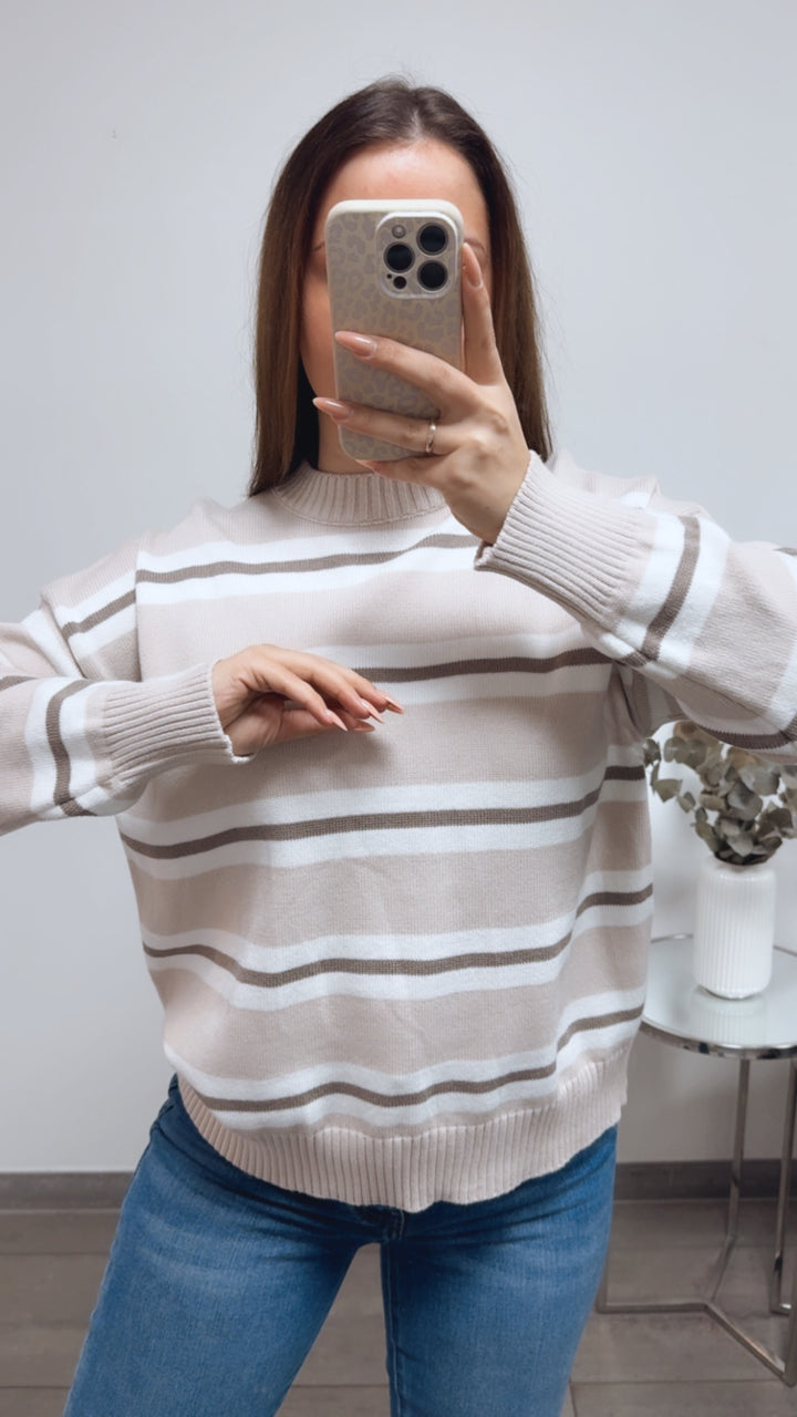 dreifarbiger, gestreifter Pullover / creme - taupe - weiss Art. 13828