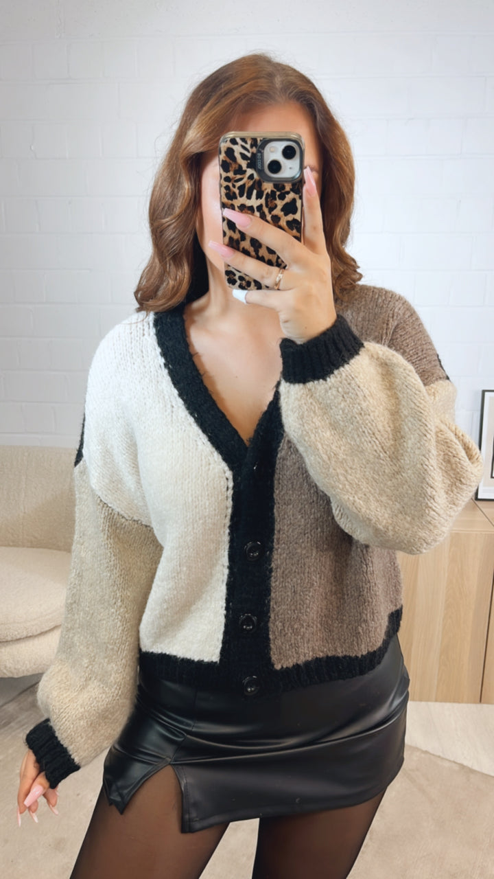 dreifarbiger Cardigan / schwarz - braun meliert - creme Art. 12610