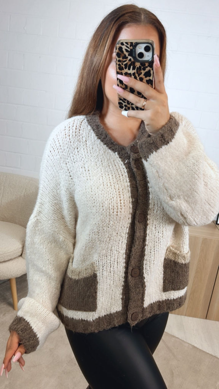 dreifarbiger Cardigan / creme - braun meliert - beige Art. 12499