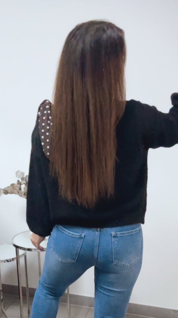 ONE SHOULDER Pullover, Punkte Schleife / schwarz Art. 13821