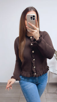 VOLANT leichter Strick Cardigan, goldene Knöpfe / dunkel braun Art. 13813