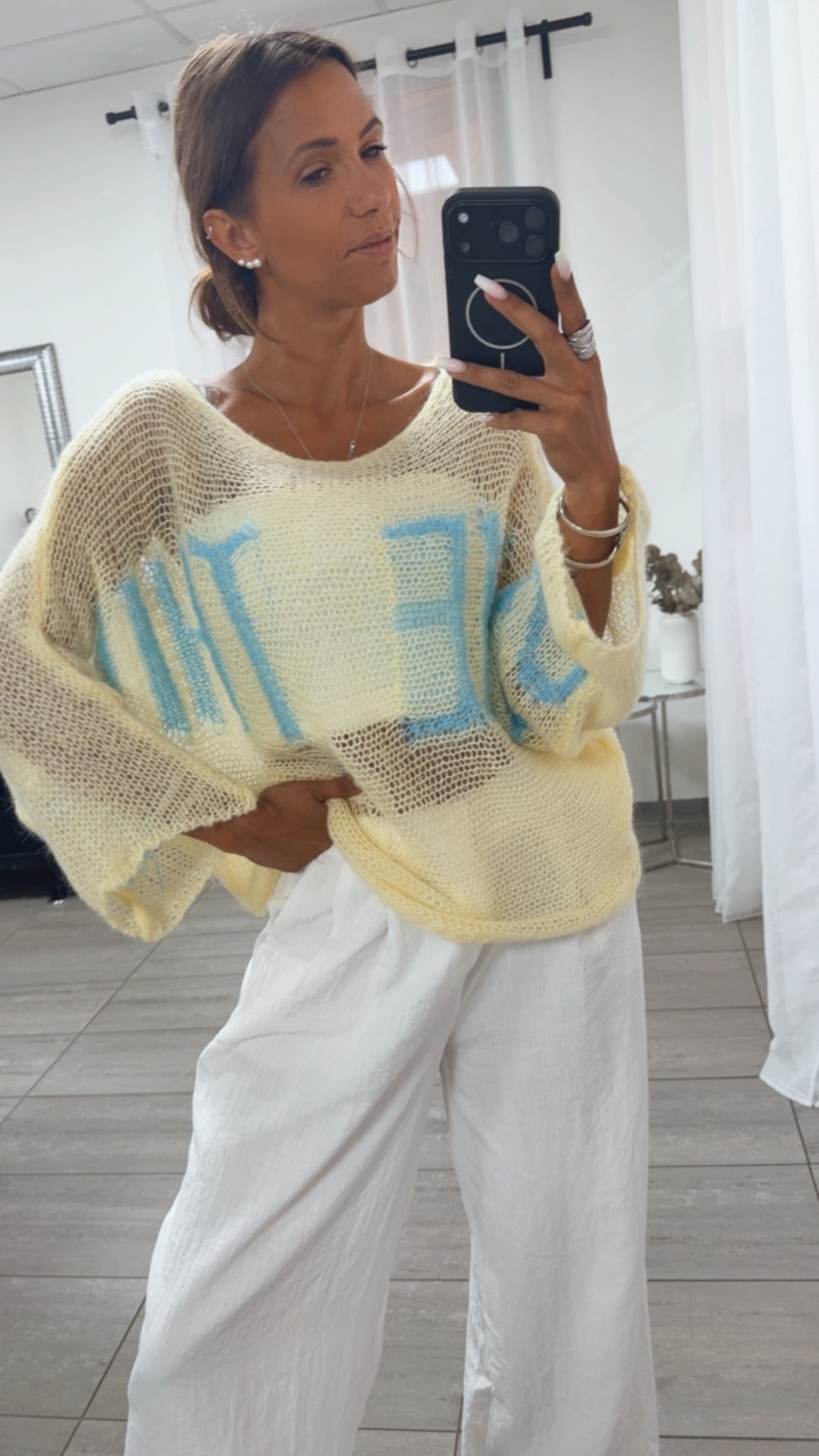 Leichter Statement Strick Pullover / soft gelb - hell blau Art.15648
