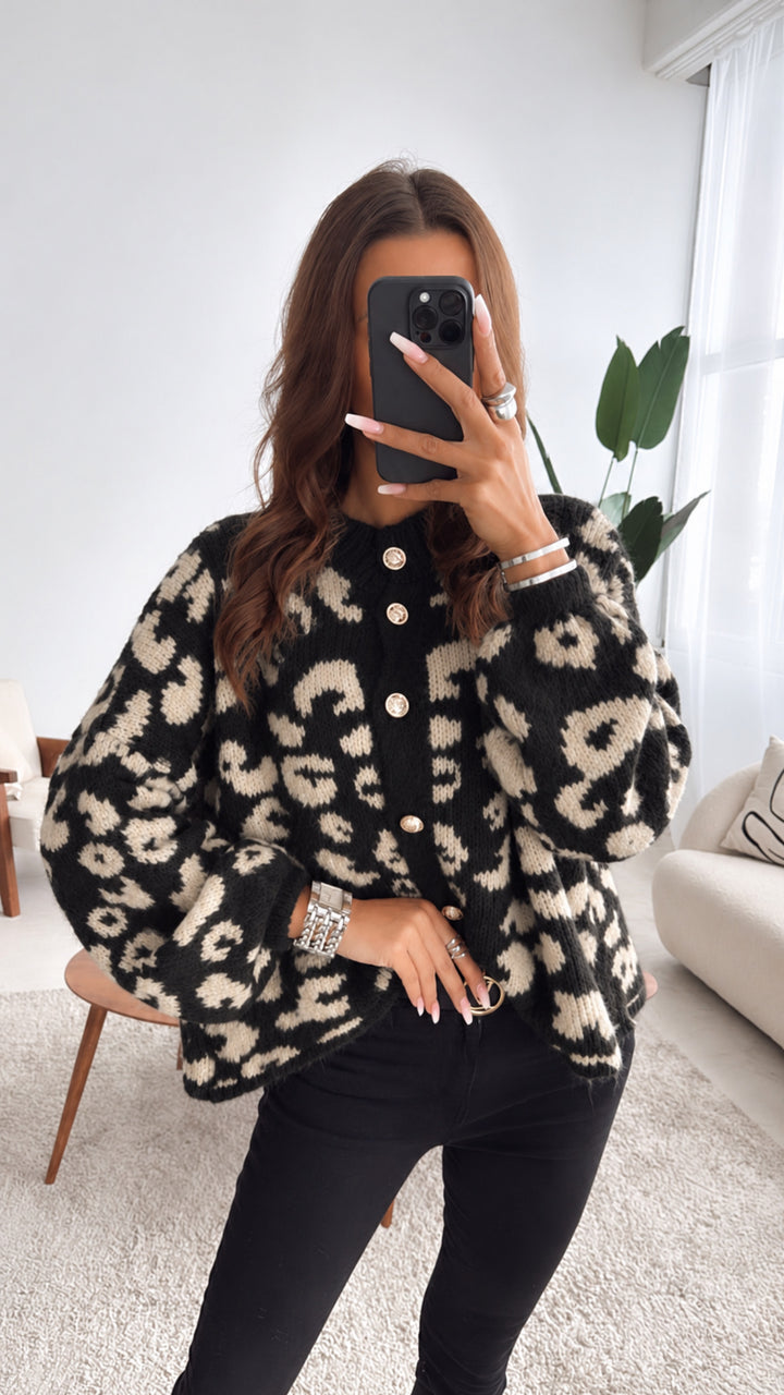 LEO Strick Cardigan mit gold - silbernen Knöpfen / schwarz - beige  Art. 8180