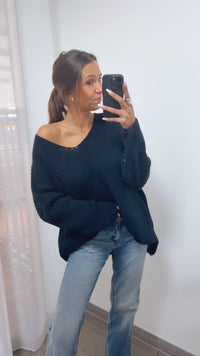 grober Strick Pullover, engere Ärmel, V-Ausschnitt / dunkel blau Art. 11230