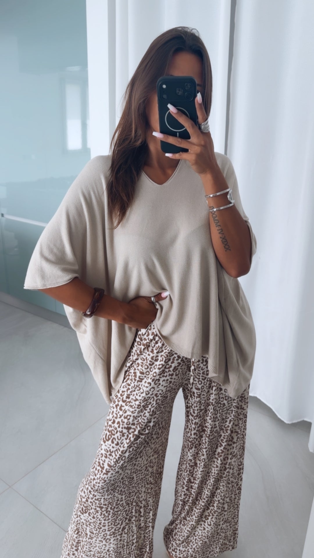 Softe Leo Stoff Hose KLEINES MUSTER / Creme - taupe Art. 15922