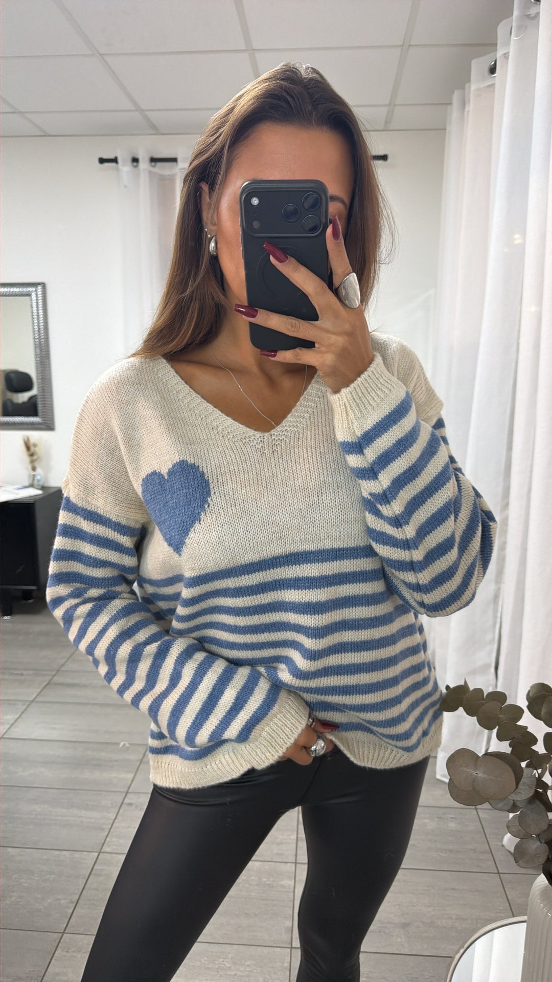 STREIFEN + HERZ Strick Pullover, V-Ausschnitt / creme - blau Art. 16586