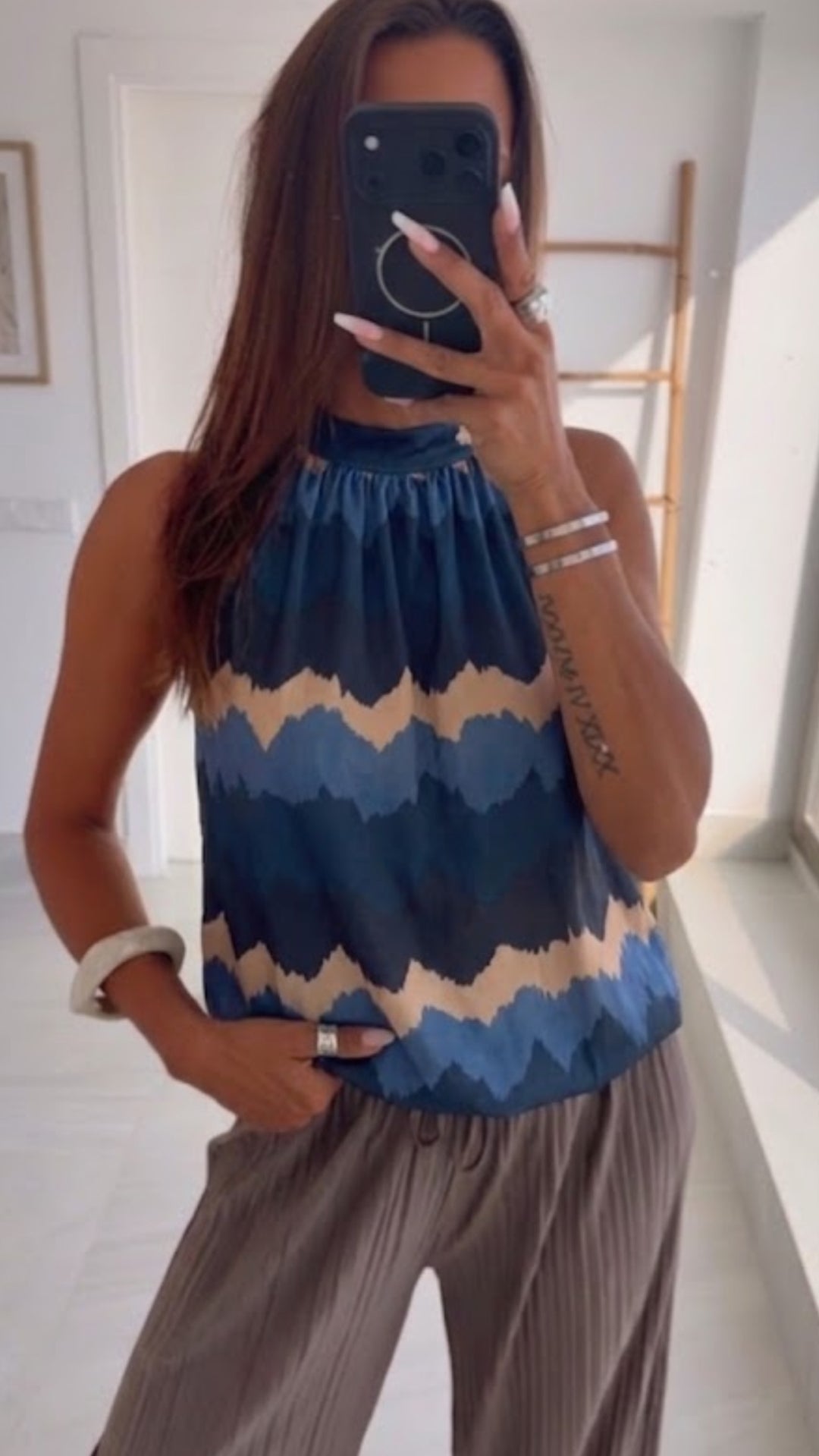 HORIZONT Muster ärmelloses Top / blau - beige - marine blau Art. 15728