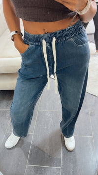 Casual Denim Look  Hose, Tunnelzug " 9985 " / DUNKEL denim blau Art. 16106