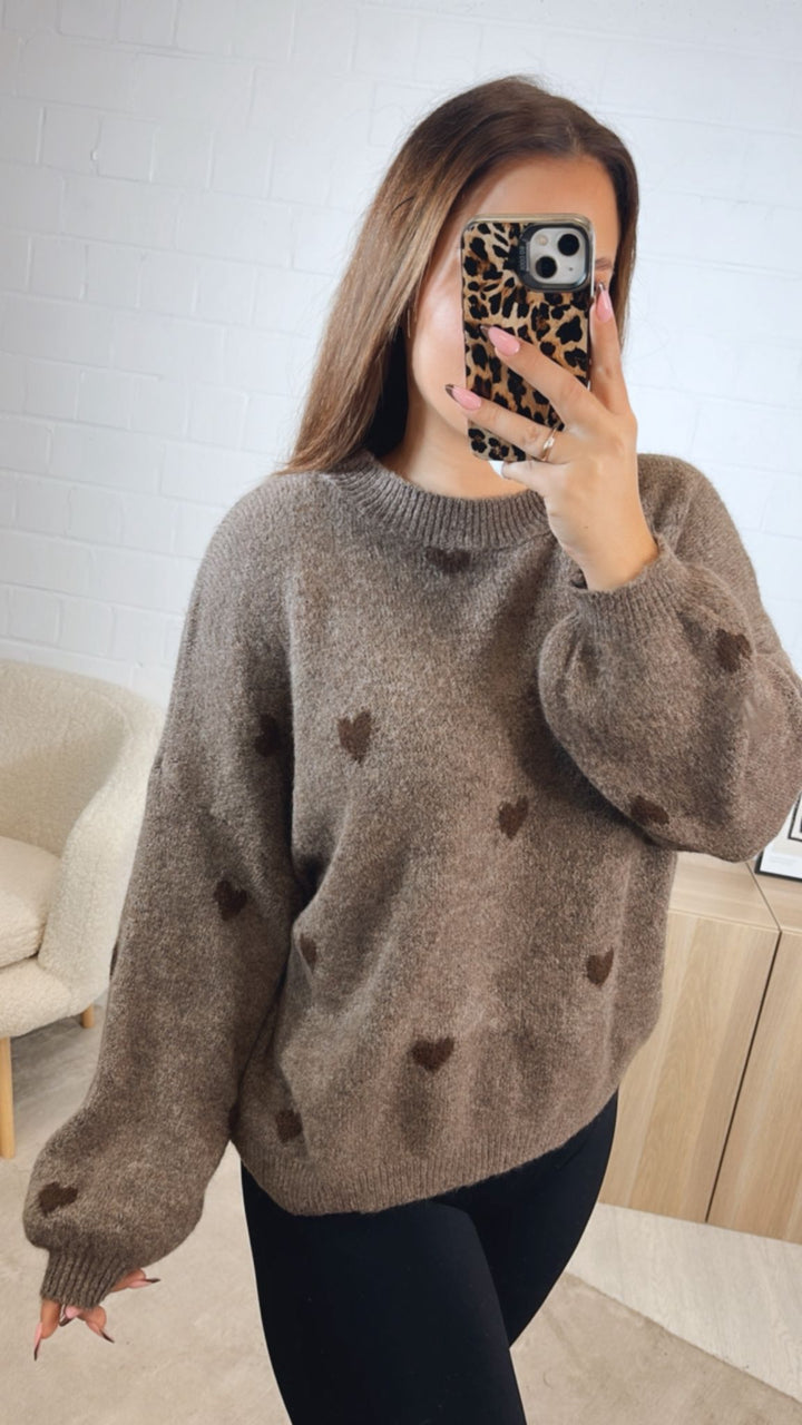 super süßer Pullover mit kleinen Herzen / braun meliert - Schoko braun Art. 12736
