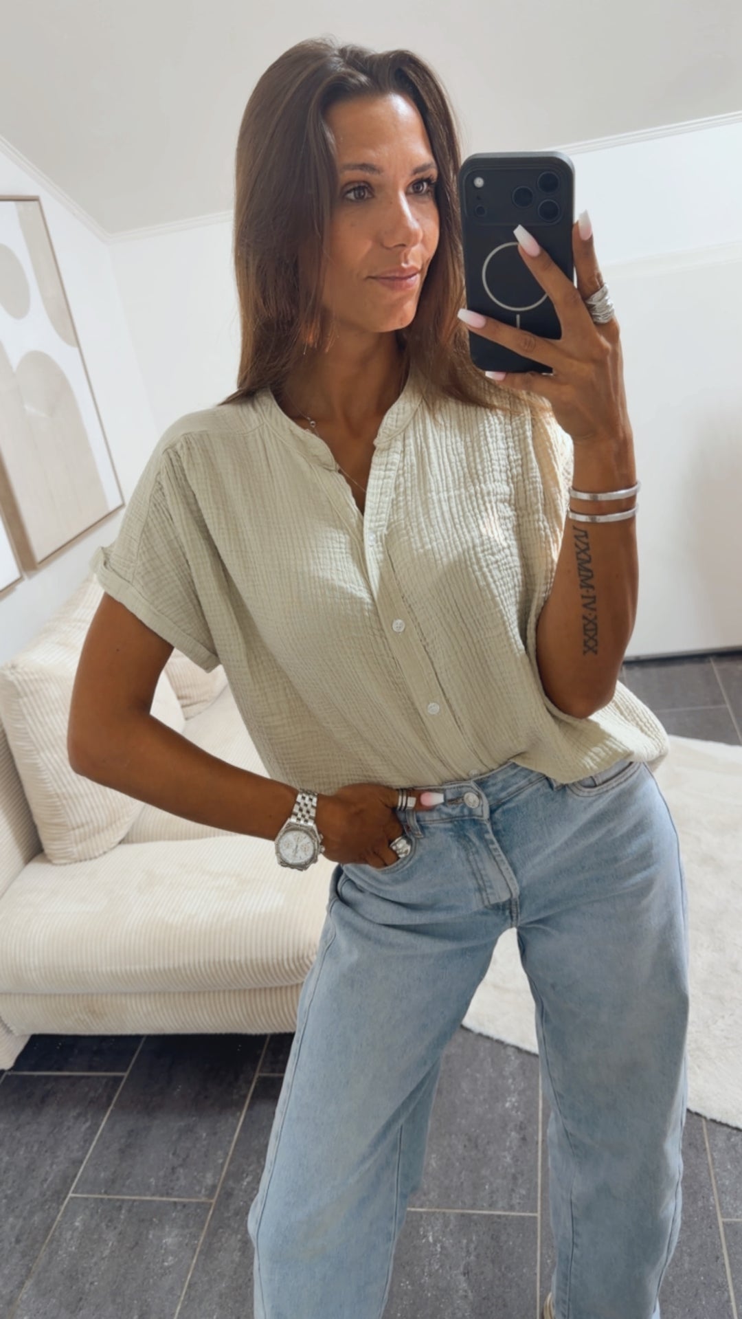 Musselin Shirt mit Knopfleiste, OHNE Kragen / beige Art. 15381