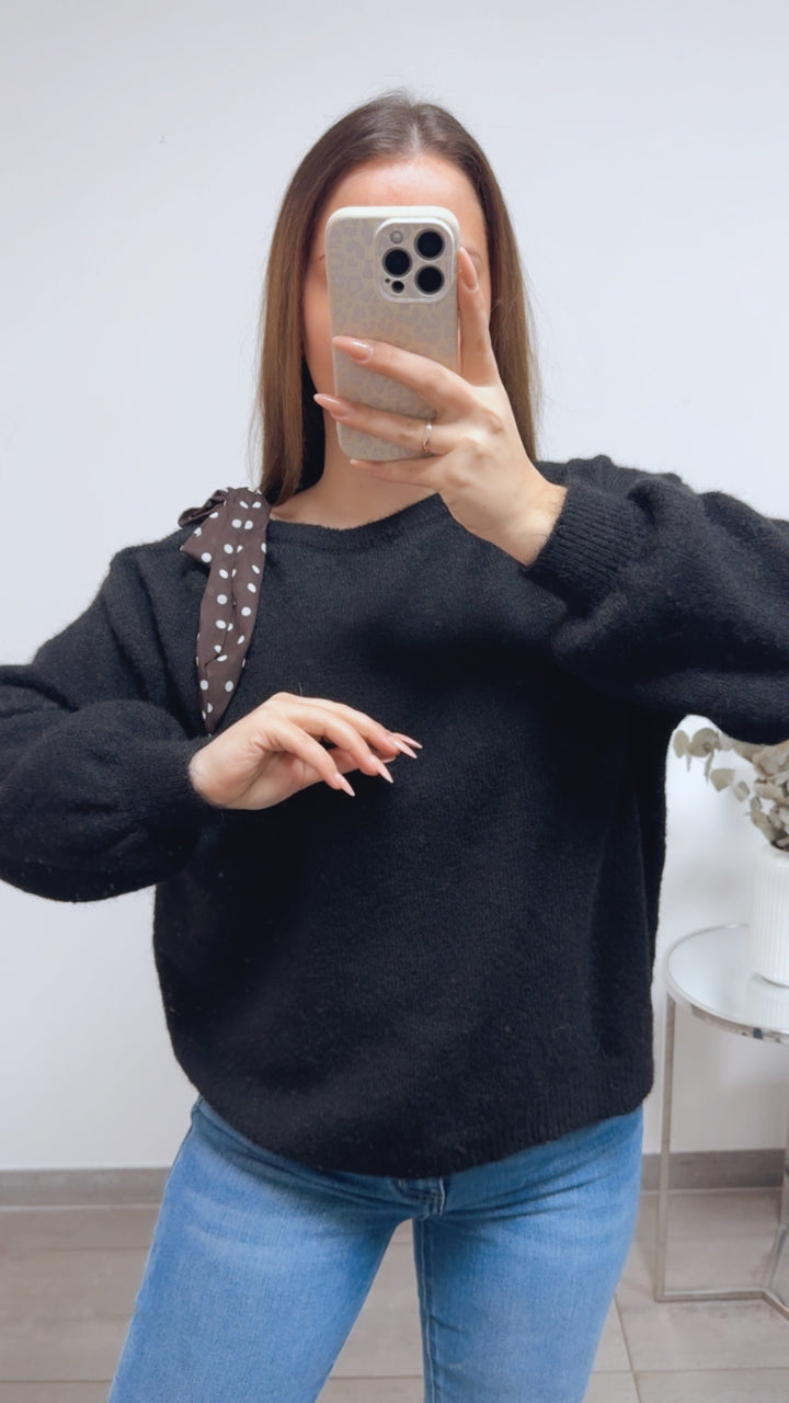 ONE SHOULDER Pullover, Punkte Schleife / schwarz Art. 13821