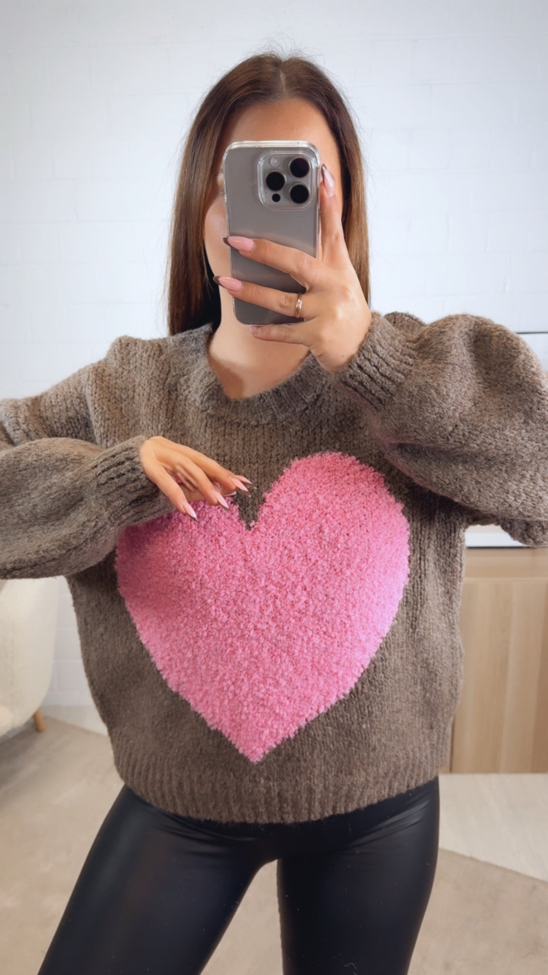 Strick Pullover mit Teddy Herz / braun meliert - pink Art. 13084