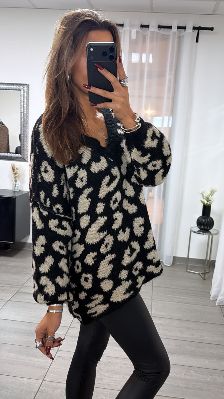 V-AUSSCHNITT LEO Oversize Kuschel - Pullover / schwarz - beige Art. 16698