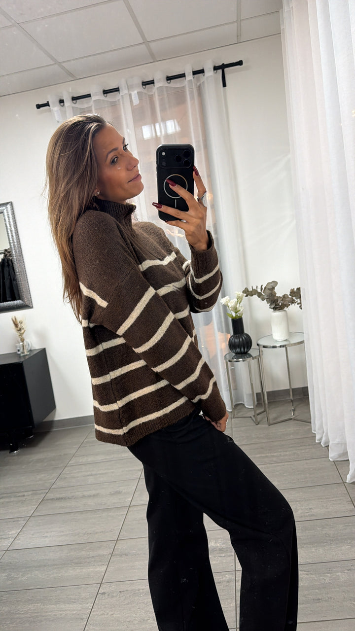 Strick STREIFEN Zipper Pullover / braun - beige Art. 16490