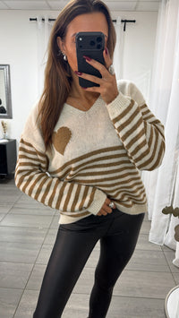 STREIFEN + HERZ Strick Pullover, V-Ausschnitt / creme - camel Art. 16587