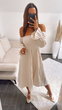 (Midi-) off - shoulder Musselin Kleid / beige Art. 10861