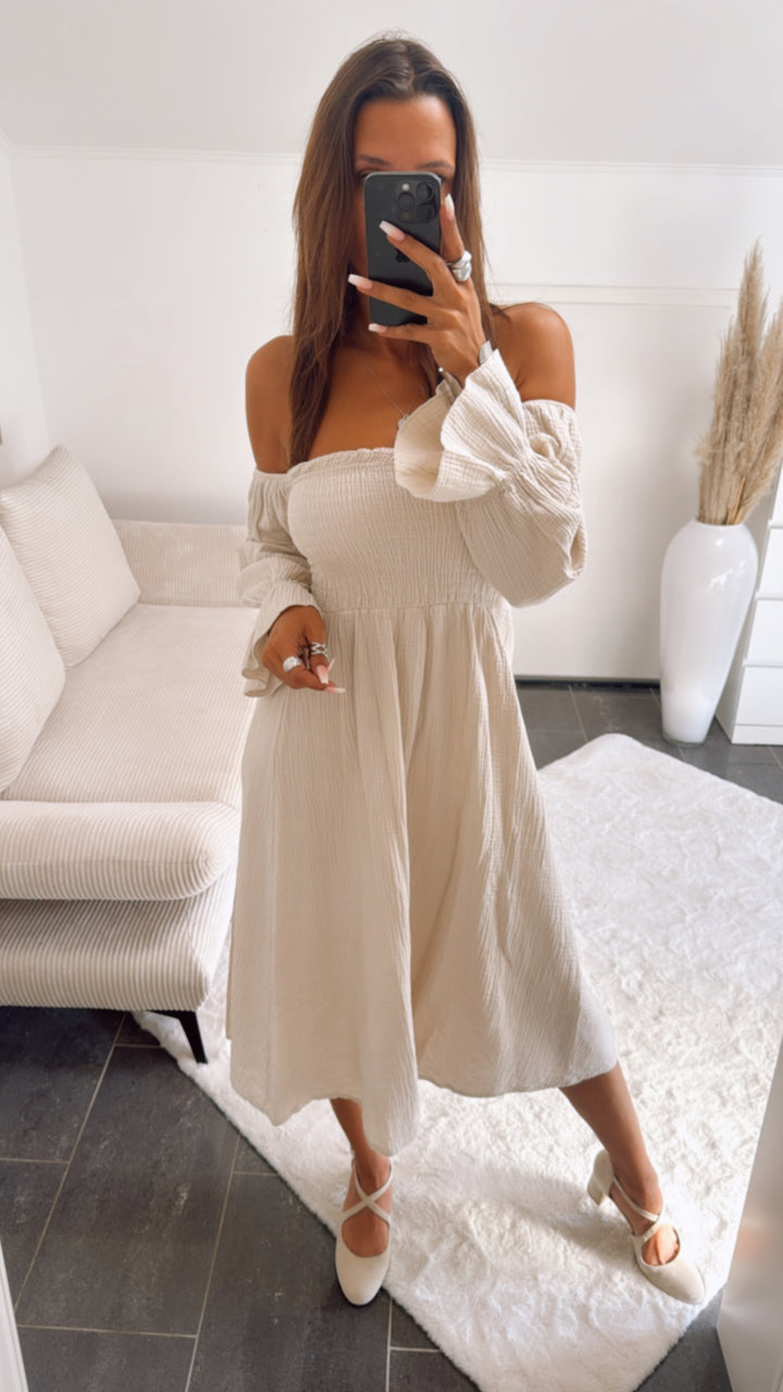 (Midi-) off - shoulder Musselin Kleid / beige Art. 10861
