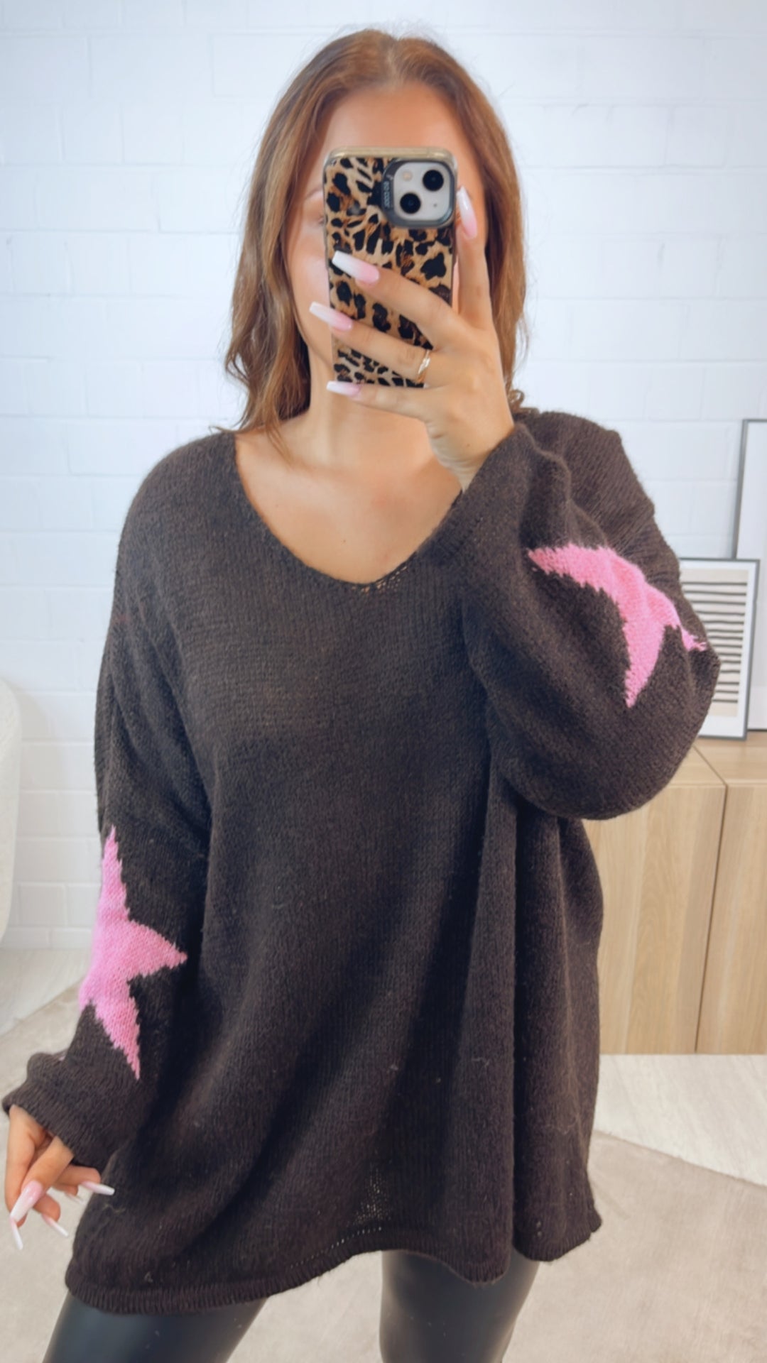 ultra oversize Strick Pullover " Take It Easy " / dunkel braun - pink Art. 12332