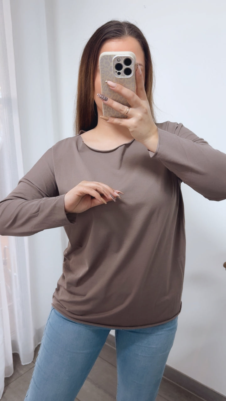Baumwoll Basic Langarm Oberteil / taupe Art. 14240