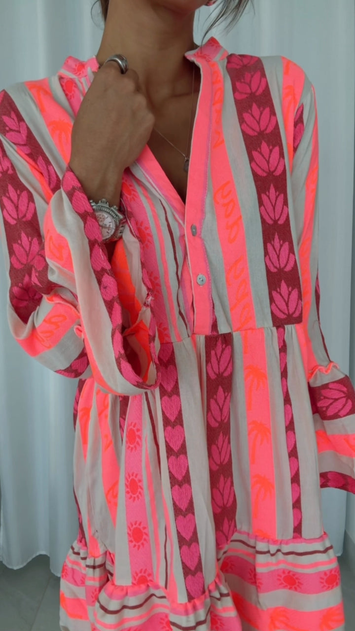 PREMIUM Tunika Kleid mit Muster „Happy Day“ / creme - rosa - pink Art.14575