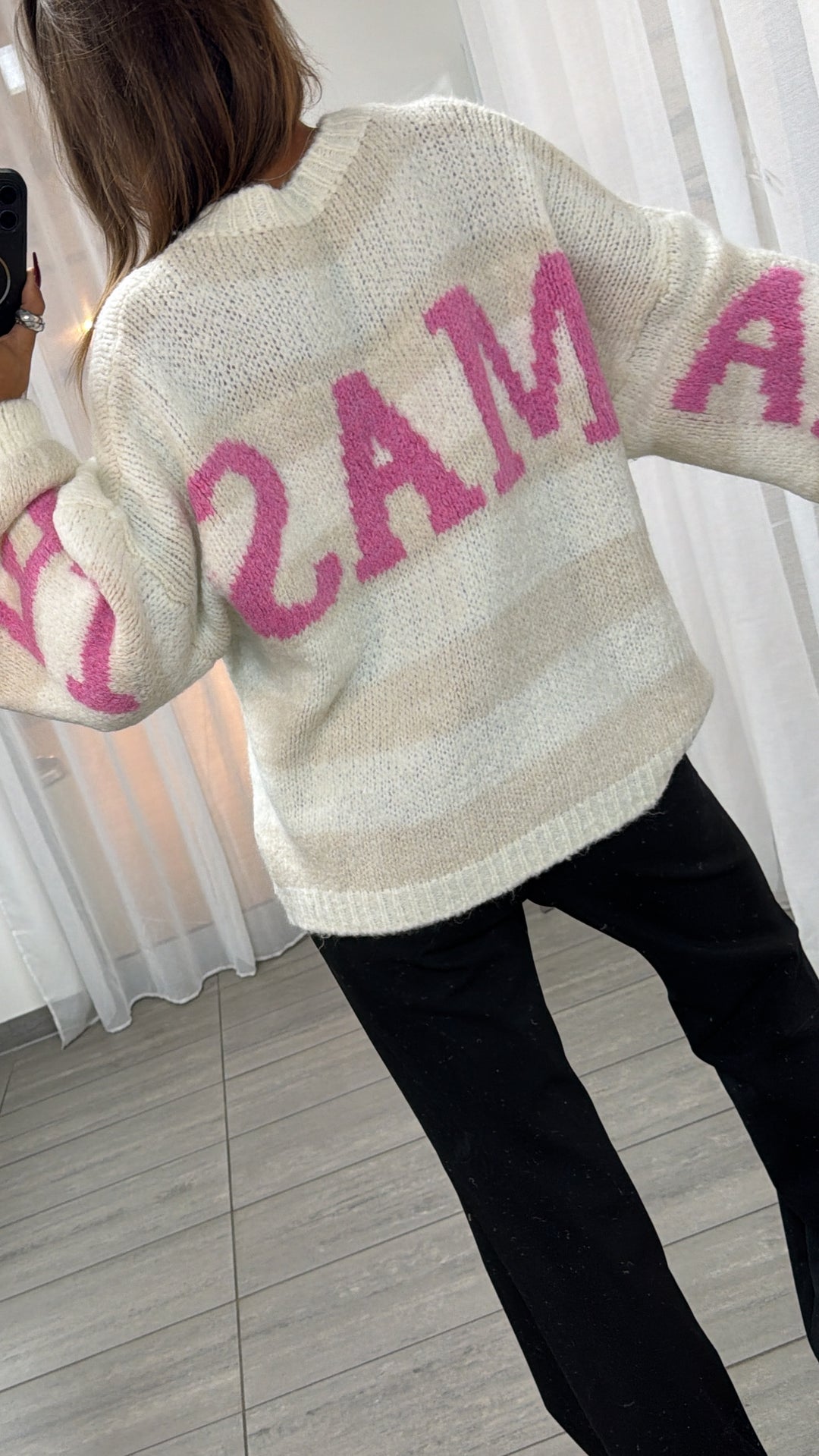 STREIFEN Strick Pullover mit Statement Rückseite / weiss - creme - pink Art. 16496