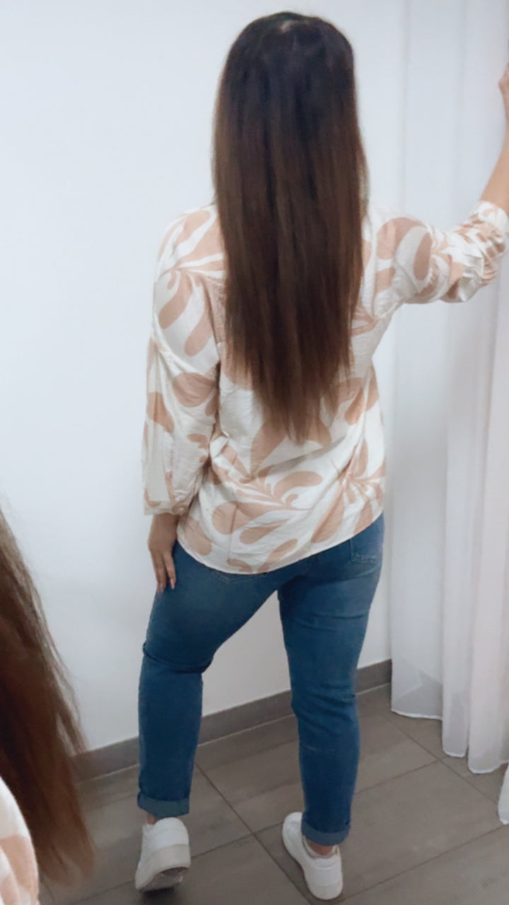 MUSTER Viskose - Leinen Bluse / creme - puder rosa Art. 14022