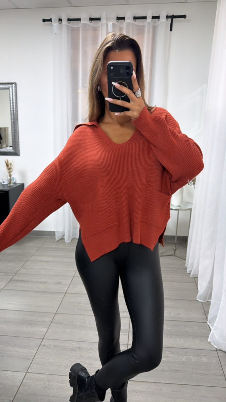 Strick Pullover mit tiefem Ausschnitt und Kragen / rost Art.16381
