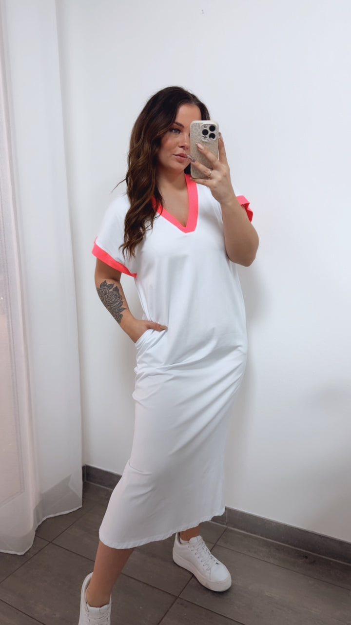 (Maxi-) T-shirt Kleid mit Schlitz auf Rückseite / weiss - neon pink Art. 14369