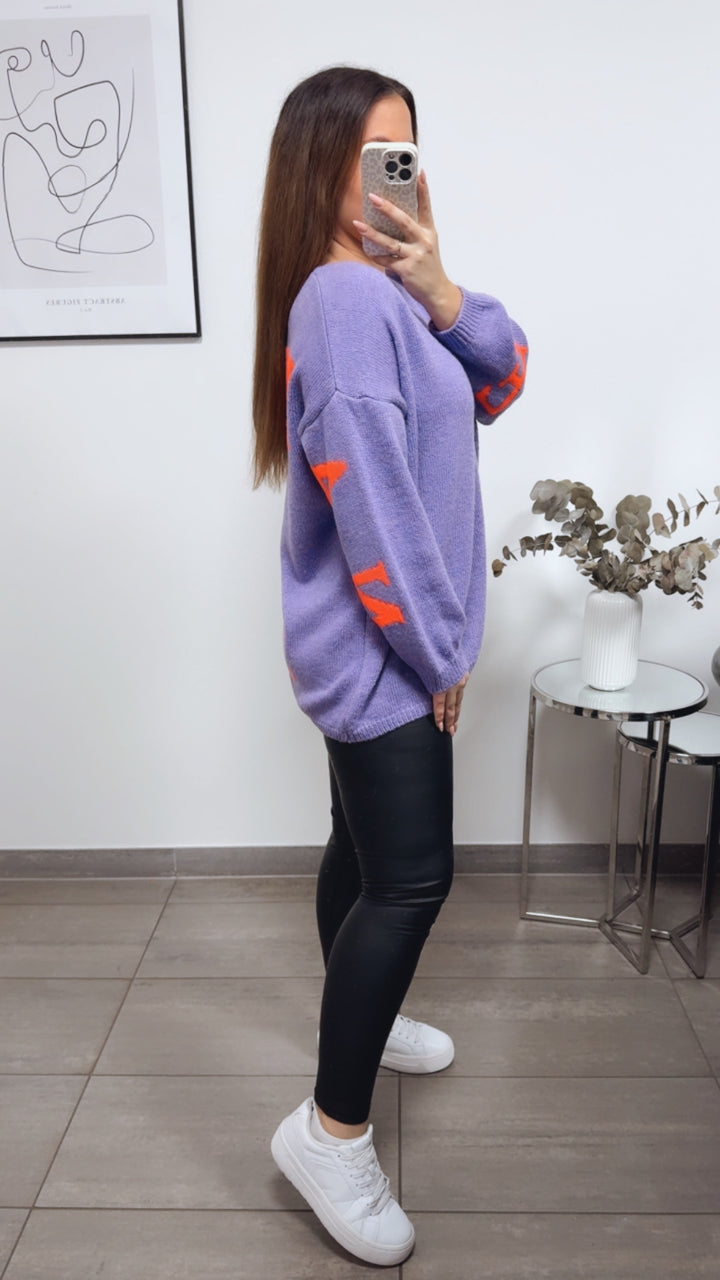 Strick Pullover "Namaste" / Flieder - Neon orange Art. 13336