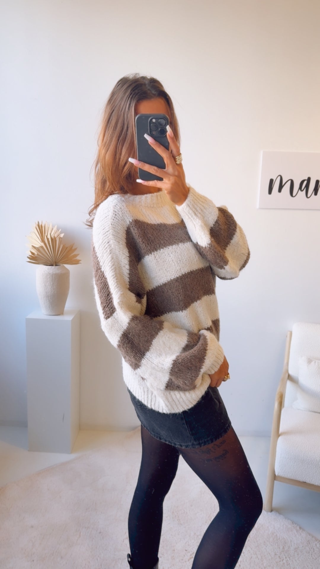 STREIFEN Strick Pullover mit abgesetztem Ausschnitt / braun meliert - creme Art. 12780 KHX