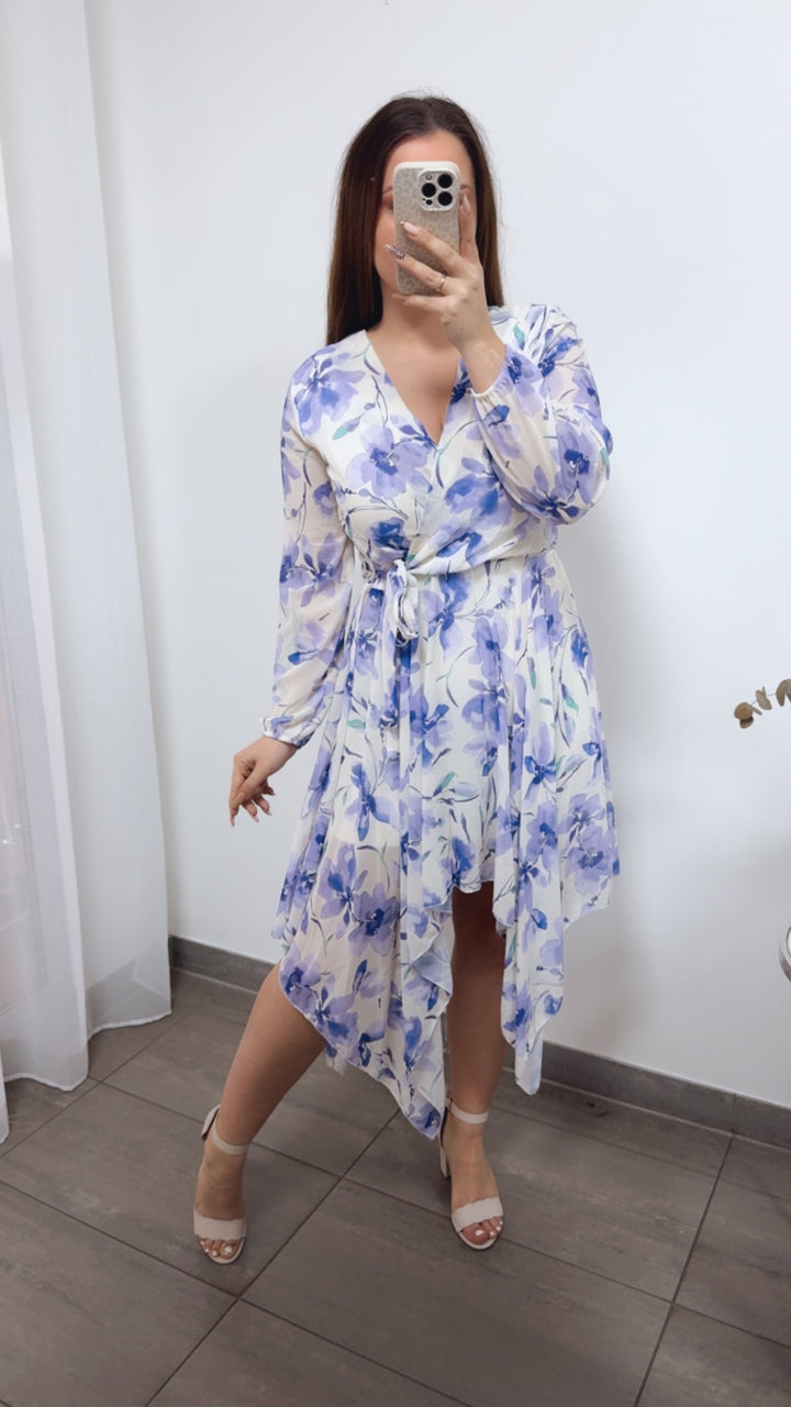 Blumen Kleid in außergewöhnlichem Schnitt / creme weiss - flieder Art. 14313