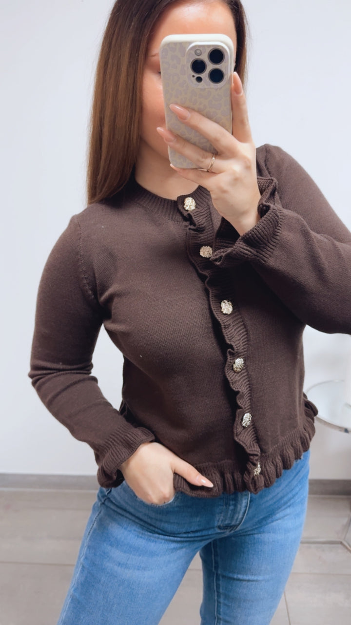 VOLANT leichter Strick Cardigan, goldene Knöpfe / dunkel braun Art. 13813